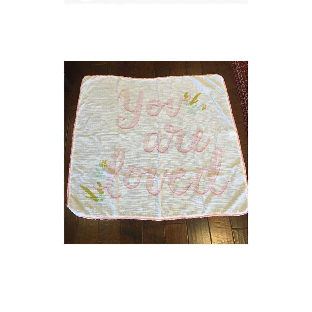 Cloud Island Muslin Baby Blanket -You are Loved- Pink Pom Poms - Picture 2 of 4